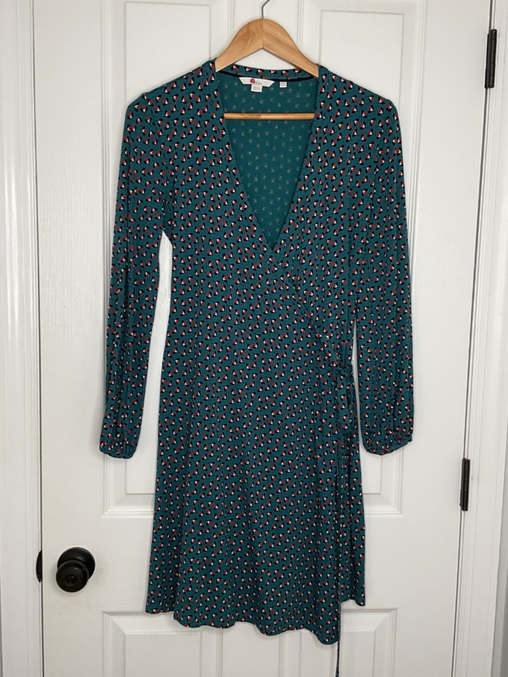 Boden Jersey Knit Midi Wrap Dress Womens 8P Petite Green Floral Long Sleeve